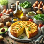 Plato de Tortilla de Patata Saludable, Cortada y Lista para Servir, con un Toque de Cebolla Caramelizada