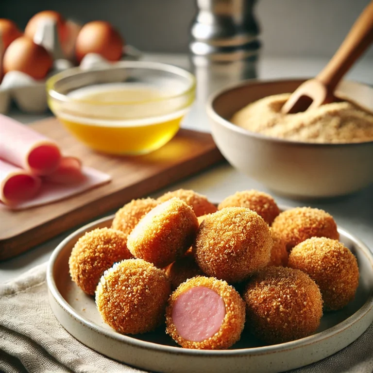 Croquetas de jamón rebozadas en pan rallado, listas para freír en aceite caliente.